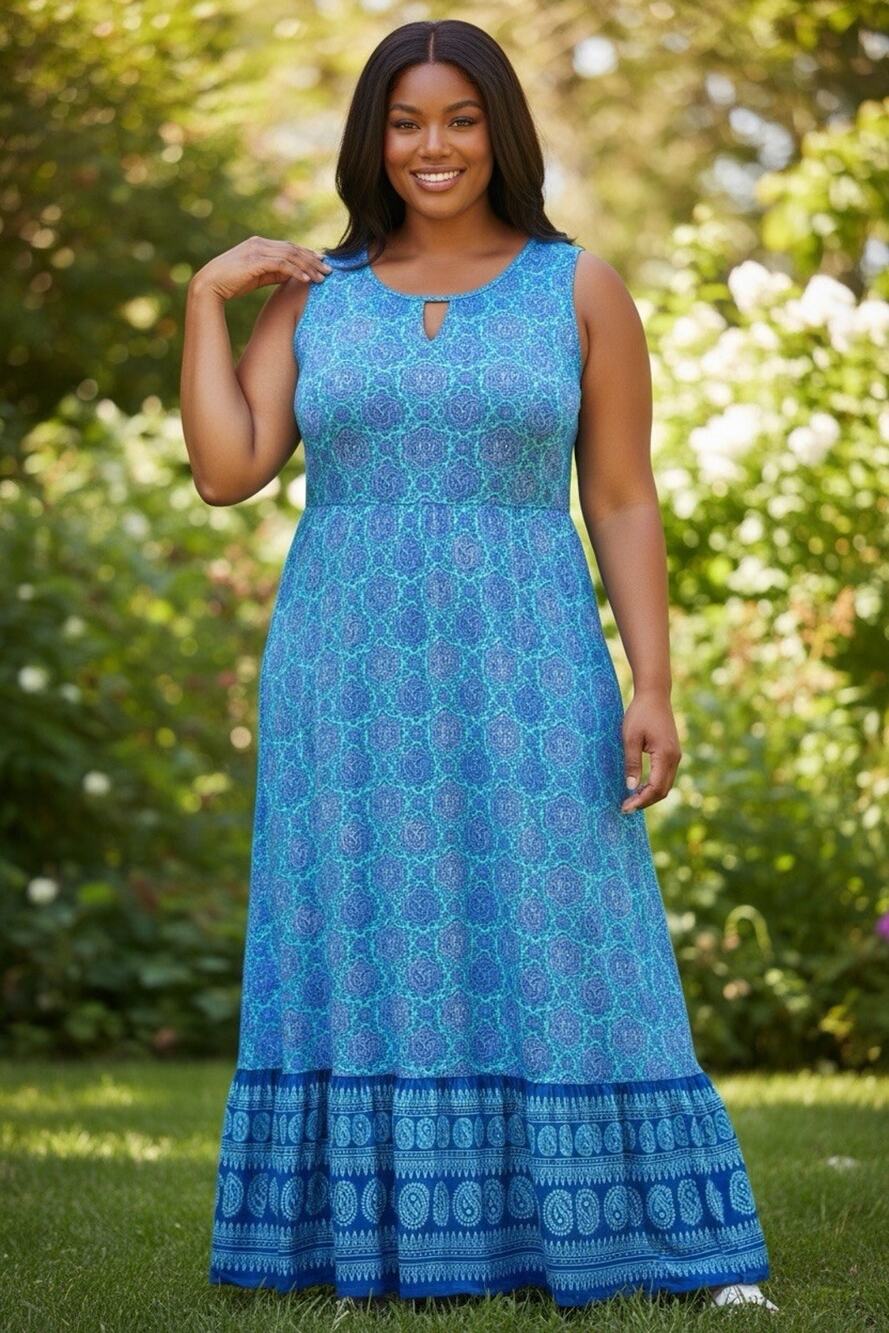 Talbots Plus Women Blue Paisley Maxi Dress Size 2X Sleeveless Keyhole Medallion